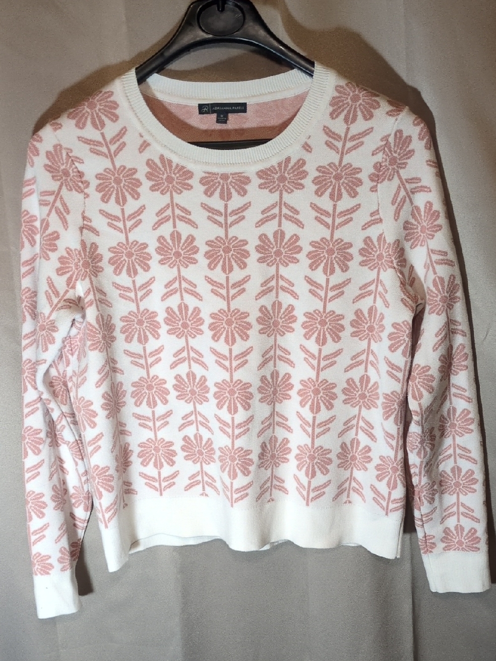 Adrianna Papell Cream Crewneck Sweater with Pink Floral Jacquard